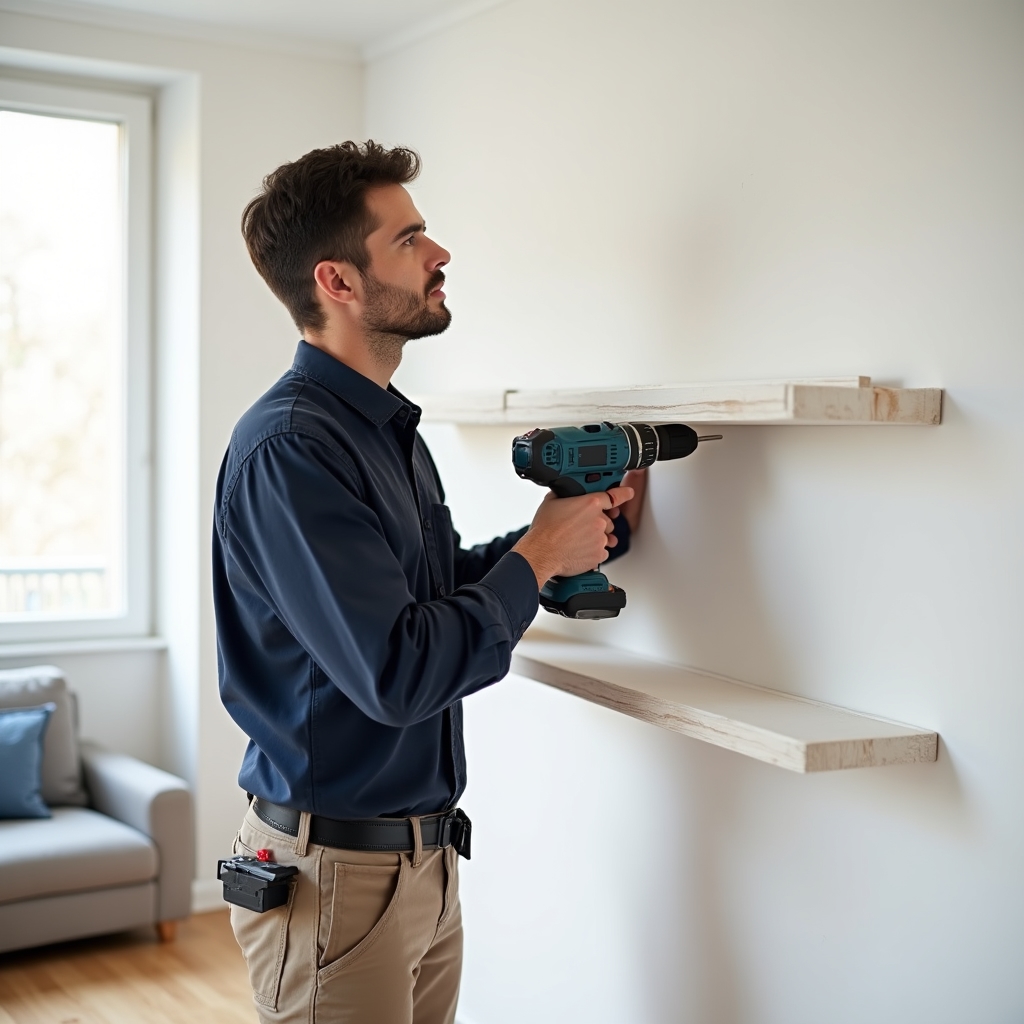 Tehnician montând un raft pe perete într-un apartament din București